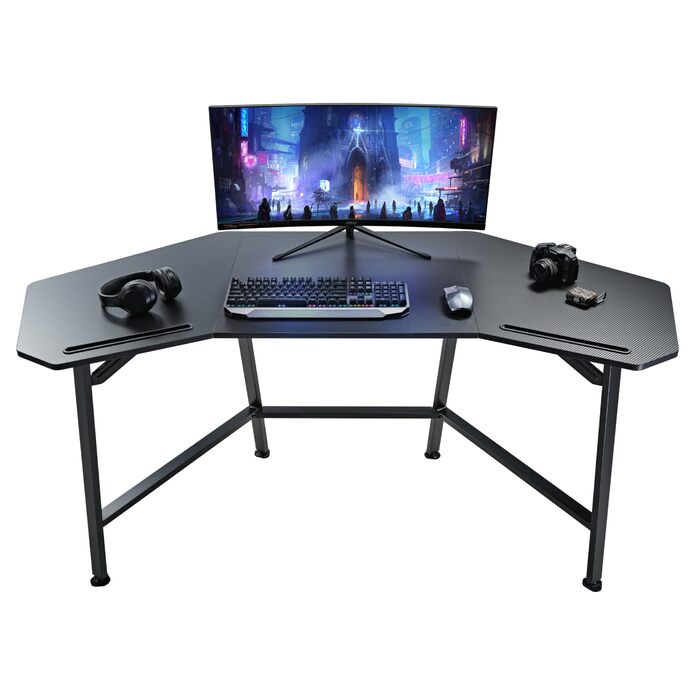 Ігровий стіл EUREKA ERGONOMIC 160x74 см - великий стіл у формі крила для ігор, ПК, дому, офісу, стрімінгу. 2 слоти для iPad. Чорний.