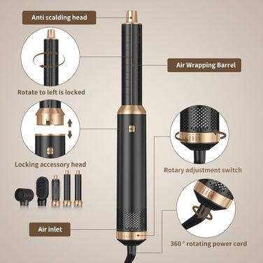 UKLISS Hairstyler 6 в 1: Професійний набір для укладки волосся (фен-щітка, плойка, випрямляч) 1000W, срібно-золотий