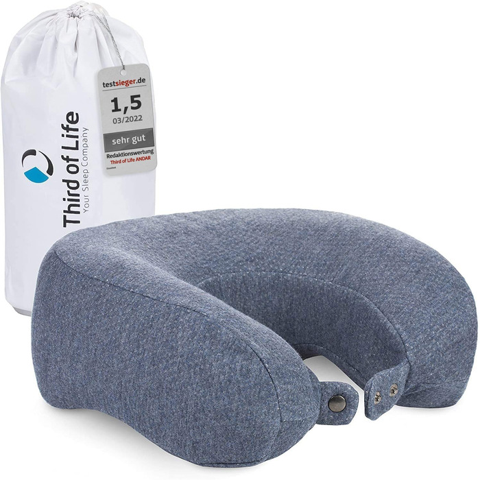Ергономічна подушка для шиї ANDAR QuickDry з Memory-Foam для подорожей, швидковисихаючий чохол, проти болю в шиї, сіра, для літака, авто