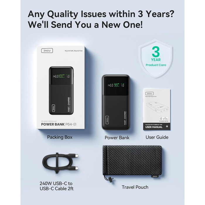 Power Bank INIU 140W, 25000mAh, USB-C, Швидка зарядка PD/QC, для ноутбука, iPhone, компактний, чорний
