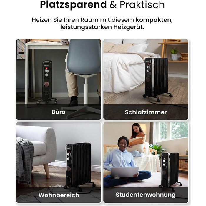 Електричний масляний радіатор Pro Breeze 2500W з 11 ребрами, таймер 24 год, 3 режими, термостат, захист від перегріву - чорний