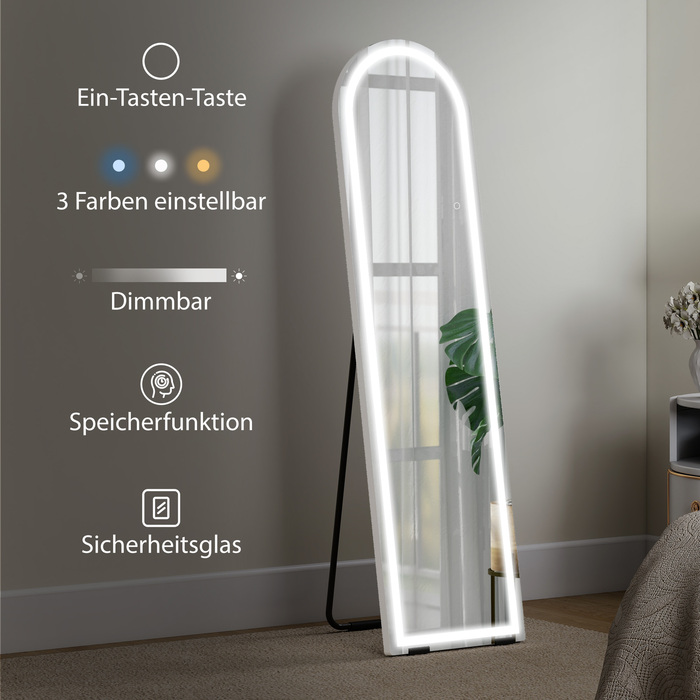 Дзеркало повного тіла з LED-підсвіткою, 150 x 40 см, арочної форми, з регулюванням яскравості, 3 колірні режими, може встановлюватися на підлозі або кріпитися до стіни, білий