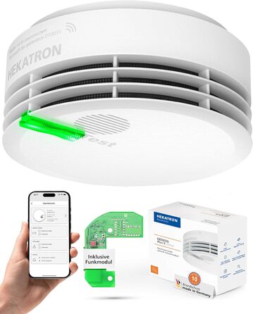 Hekatron Genius Plus: Детектор диму з 10-річним терміном служби батареї, переможець Stiftung Warentest, Made in Germany, з клейкою підкладкою, з підтримкою додатку, багатомовний, 1 шт. (радіодетектор диму з радіомодулем)