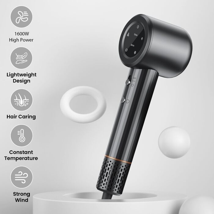 AXCEED Фен для волосся 1600 Вт з безщітковим мотором, негативною іонізацією, швидке сушіння, професійний фен для жінок і чоловіків, сірий