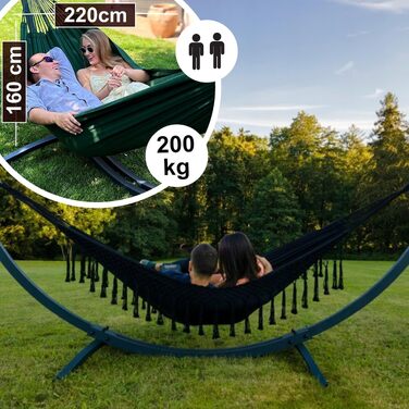 Гамак подвійний Potenza Outdoor з металевим каркасом для 2 осіб, бавовна XXL 220x160 см, до 200 кг, чорний (Santia) / сірий каркас, стійкий до погодних умов