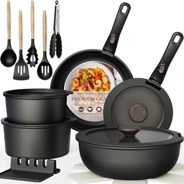 Набір посуду Astercook 21 предмет: каструлі та сковороди з керамічним антипригарним покриттям, знімні ручки, для індукції, духовки, кемпінгу, чорний