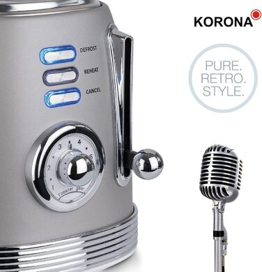 Тостер Korona 21667, 2 скибки, ретро дизайн, сірий, 6 режимів підсмажування, функції розморожування, підігріву та підсмажування, 850 Вт, підставка для булочок, піддон для крихт, центрування хліба