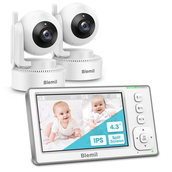Відеоняня Blemil з 2 камерами, 4.3'' IPS монітором Split-Screen, зумом 2X та акумулятором на 29 годин, функція повороту та нахилу (без Wi-Fi)