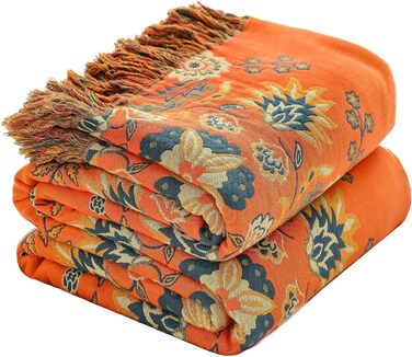 HOORDRY плед з бавовни двосторонній Boho, покривало з китицями 230×250 см, м'яка тепла ковдра для дивану, ліжка чи крісла, зелено-оранжева