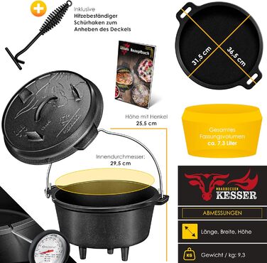Чавунний казан KESSER Dutch Oven 7,3 л з підставкою з нержавіючої сталі та піднімачем кришки, універсальний котел для гриля, BBQ та приготування страв на відкритому повітрі та вдома