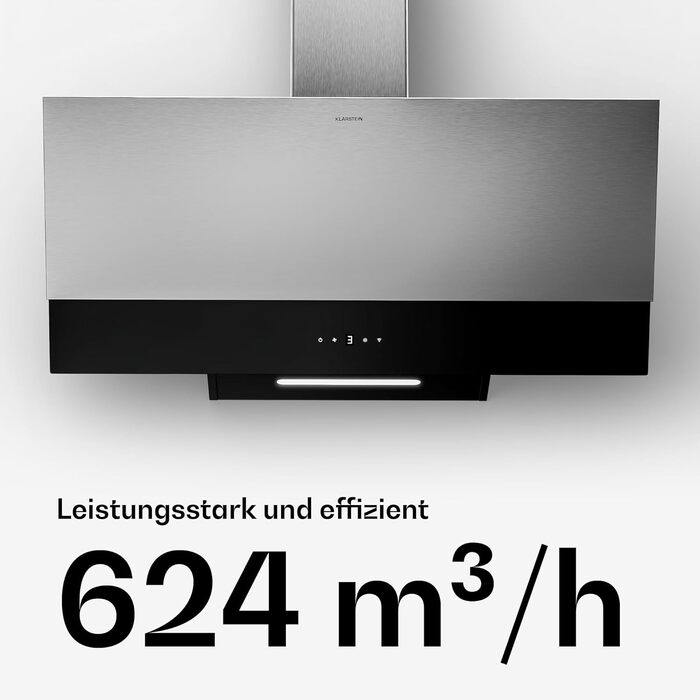 Витяжка для кухні Klarstein Verosteel, 90 см, нержавіюча сталь та скло, продуктивність 624 м³/h, клас енергоефективності A++, сенсорне керування, LED-підсвітка, тиха робота