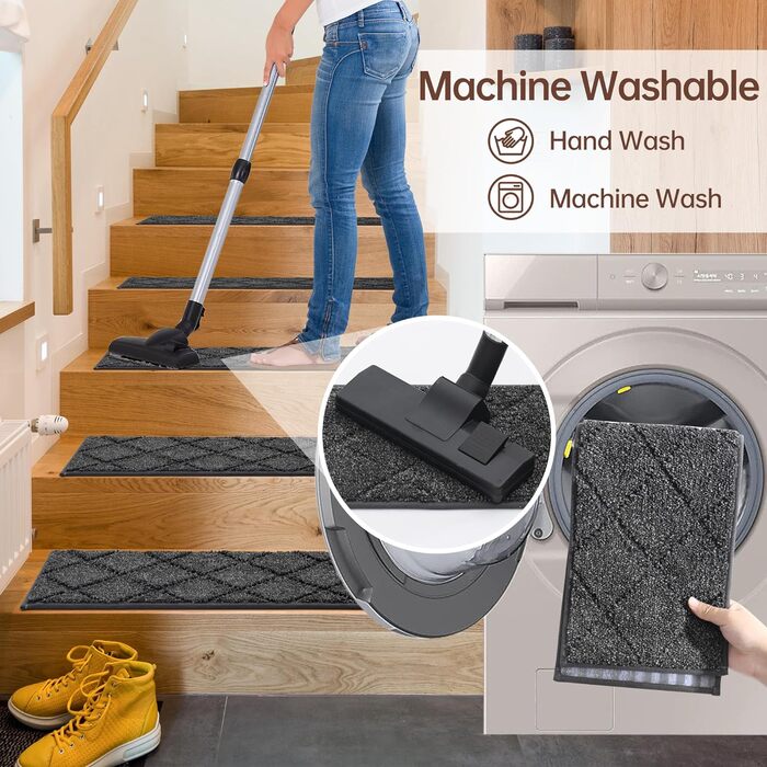 Килимки для сходів самоклеючі COSY HOMEER, машинне прання, для дітей, літніх і собак, поліестер 70x22 см, 15 шт, чорні