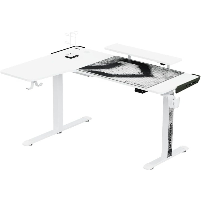 Ігровий стіл ULTRADESK Winger RGB LED L-подібний, електричний підйомний стіл для комп'ютера, білий, 155x111x60 см (лівий)