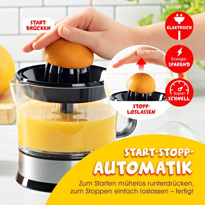 Електрична соковижималка GOURMETmaxx для цитрусових та апельсинового соку 700 мл | Прес для цитрусових з насадками для свіжого смаку | 40 Вт, прозорий/сріблястий