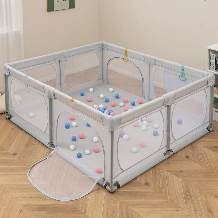 Манеж для немовлят COSTWAY 189x158 см з 50 кульками, 4 кільцями, 4 дверцятами на блискавці, дихаюча сітка, без матраца, світло-сірий