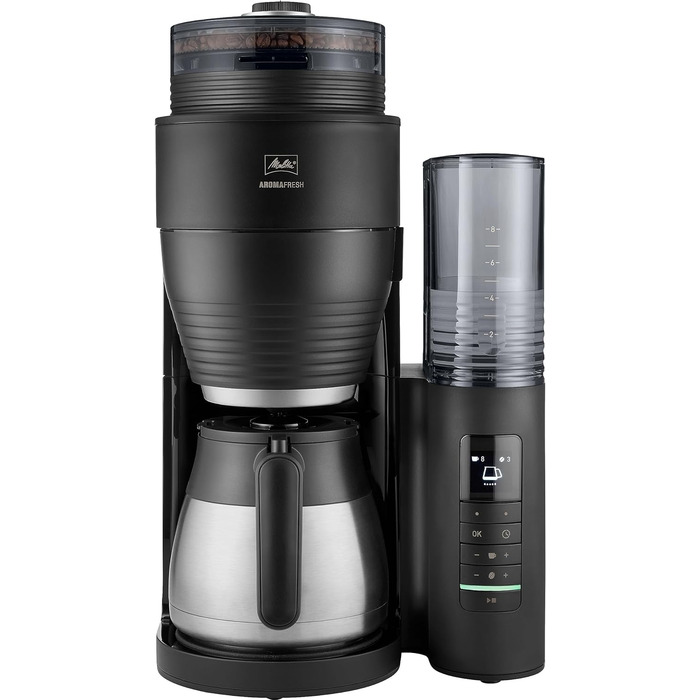 Кавоварка Melitta AromaFresh Therm Pro X з млином, термокухлем і знімним резервуаром для води, фільтраційна кавомашина на 8 чашок, чорна