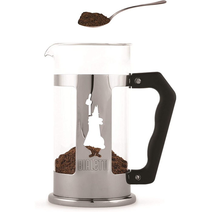 Френч-прес Bialetti Preziosa 1 л, скло та нержавійка, для кави та чаю, 8 чашок, сріблястий, підходить для посудомийки