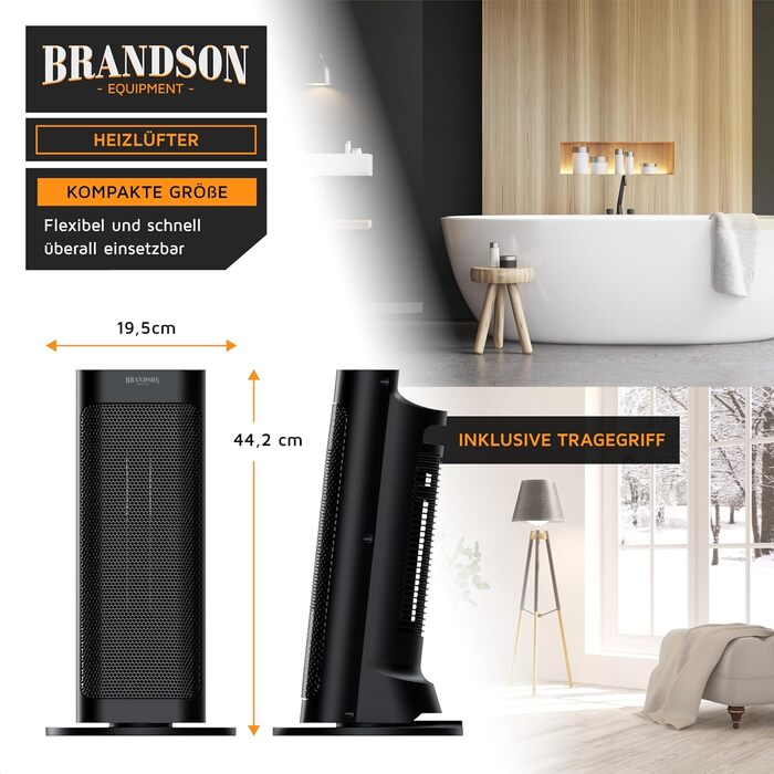 Електричний керамічний обігрівач Brandson, енергозберігаючий, тихий, з дистанційним керуванням, термостатом, захистом від перегріву, для ванної, спальні, вітальні, чорний