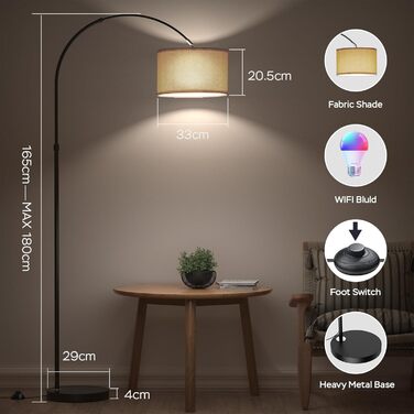 Розумна підлогова лампа Modlicht з RGB, сумісна з Alexa та Google Home, димована, Wi-Fi, зміна кольору, E27 9W, для вітальні та спальні, лляний абажур
