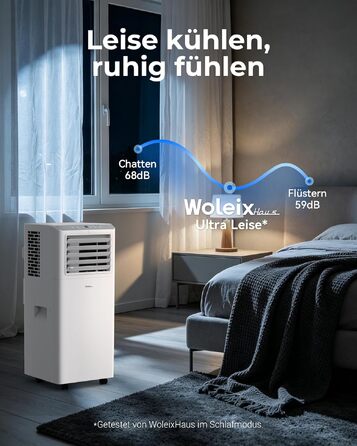 Мобільний кондиціонер 9000 BTU з відвідною трубою, тихий (55 дБ), з таймером, біло-сірий