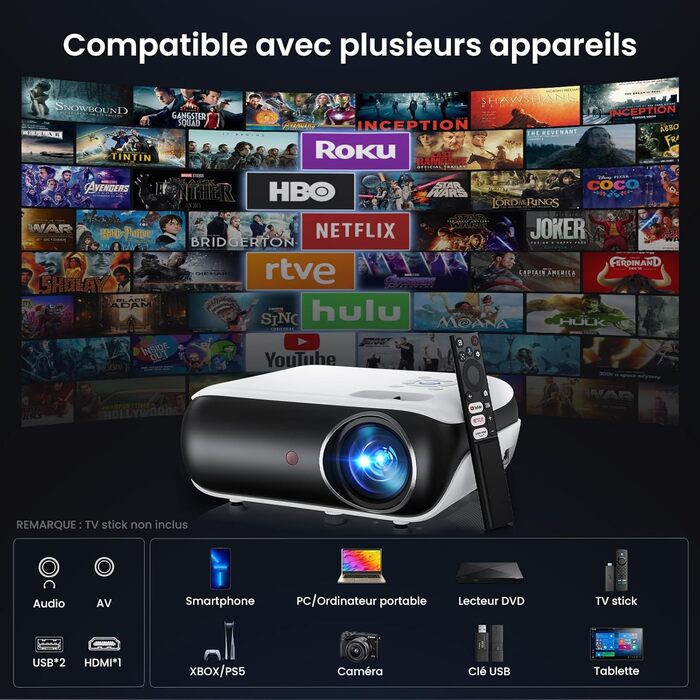Портативний проєктор HAPPRUN Mini Beamer 4K з Bluetooth та Google TV: 4K, Full HD, HDMI, USB, AV, для кінотеатру вдома