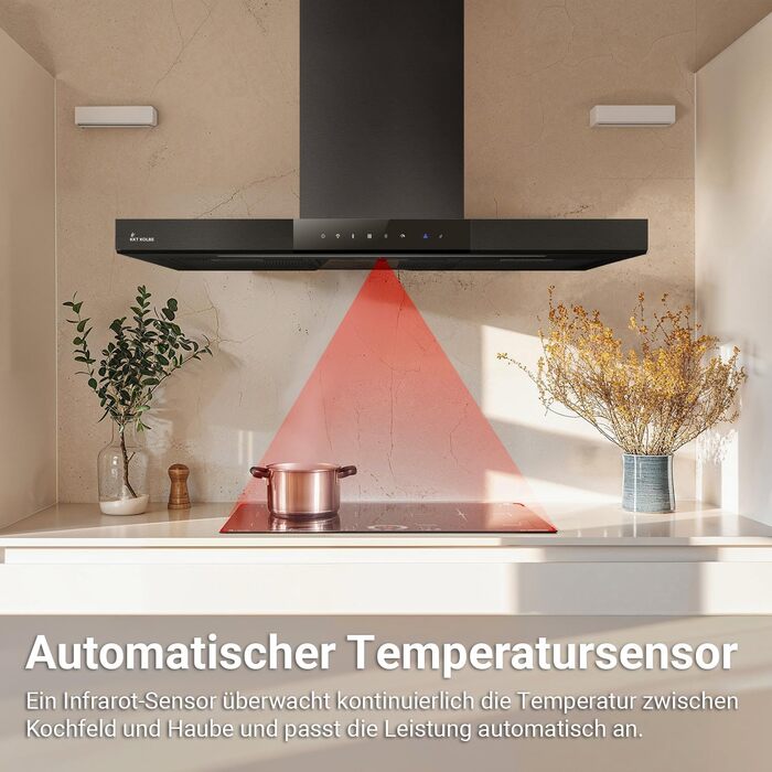 Витяжка кухонна KKT KOLBE FLAT6006ED настінна, 90 см, нержавіюча сталь та чорне скло, з WLAN, сенсорним керуванням та режимами відведення/рециркуляції повітря