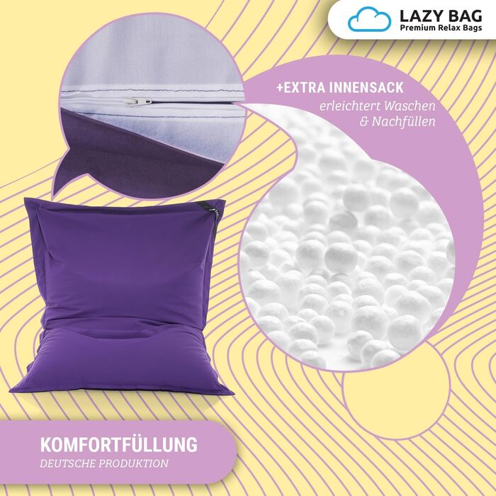 LAZY BAG Великий крісло-мішок Classic XXL 140x180 см | Крісло-мішок 2-в-1 для відпочинку та лежання | Зручні моменти в приміщенні та на вулиці завдяки 4 млн EPS-кульок для ідеальної ергономіки | Прачний чохол (бавовна, фіолетовий)