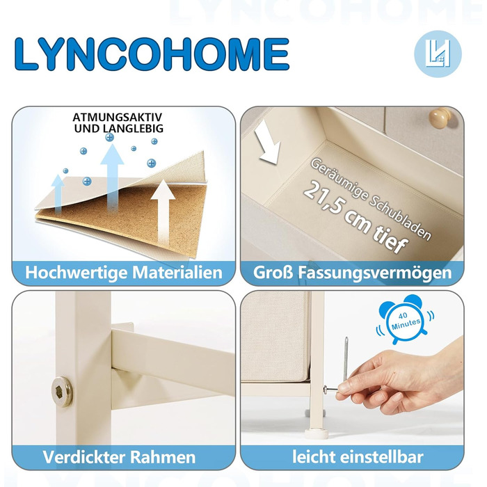 LYNCOHOME комод із 10 тканинних шухляд, органайзер для кухні, офісу, коридору, бежевий, тумба під ТВ
