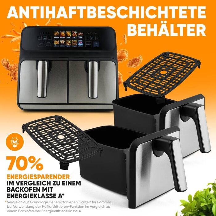 Аерофритюрниця ProfiCook 8 л з двома камерами, 2200 Вт, подвійна, без олії, кольоровий дисплей, модель 2024, чорна-нерж.