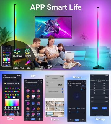 DeeprBling LED торшер для вітальні, диммований RGB світильник, керування пультом і додатком, 16 млн кольорів, музичні режими, таймер, EU-адаптер