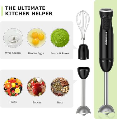 Блендер Bonsenkitchen 3-в-1, 1000 Вт, електричний ручний міксер з насадкою-вінчиком і мірним стаканом, регулювання швидкості, для смузі, пюре, соусів, HB3202, чорний