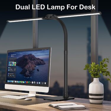 Стійка LED лампа Kary з регулюванням яскравості, 24W, подвійний наголовник, для офісу, роботи, читання, з пультом та USB-портом, чорна