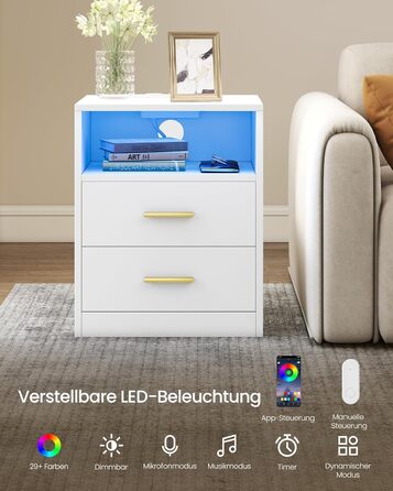 VASAGLE Custos: Набір з 2 тумбочок з LED-підсвіткою та зарядкою, білий, з шухлядами та USB-портами