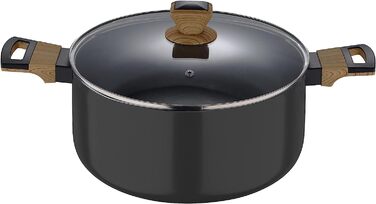 Каструля BERGNER Earth Black 24 см, алюмінієва з антипригарним покриттям, дерев'яна ручка, для індукції та всіх типів плит, з кришкою, чорна