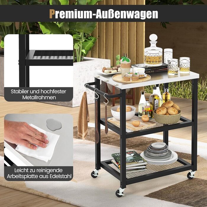 Grillwagen COSTWAY Outdoor: стіл для гриля з 3 полицями, 4 колесами, ручкою та 3 гачками | FM32279PWDE