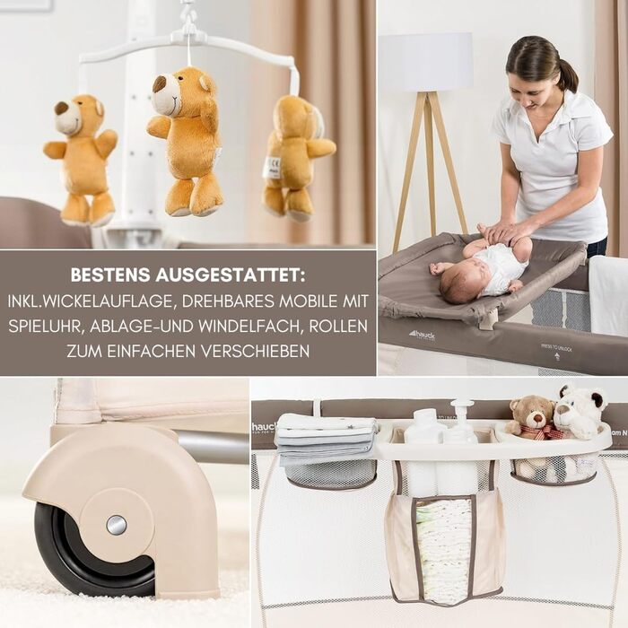Дитяче туристичне ліжечко Hauck Babycenter Zoo з вкладкою для новонароджених, пеленальним столиком, ігровою дугою з музикою, поличкою для речей, колесами, матрацом і сумкою, регульоване по висоті, складане