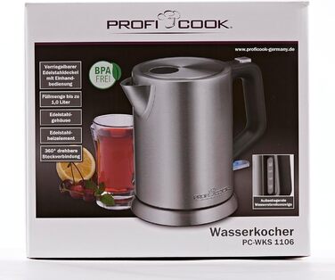 Електрочайник ProfiCook 1 л, нержавійка, 2200 Вт, компактний, BPA-free, одноручне керування, індикатор рівня води, модель PC-WKS 1106