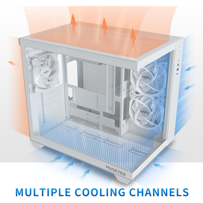 MUSETEX Y6 ігровий ATX корпус для ПК, білий, 270° огляд, загартоване скло, підтримка радіатора 360 мм, 3 встановлені вентилятори, Type-C