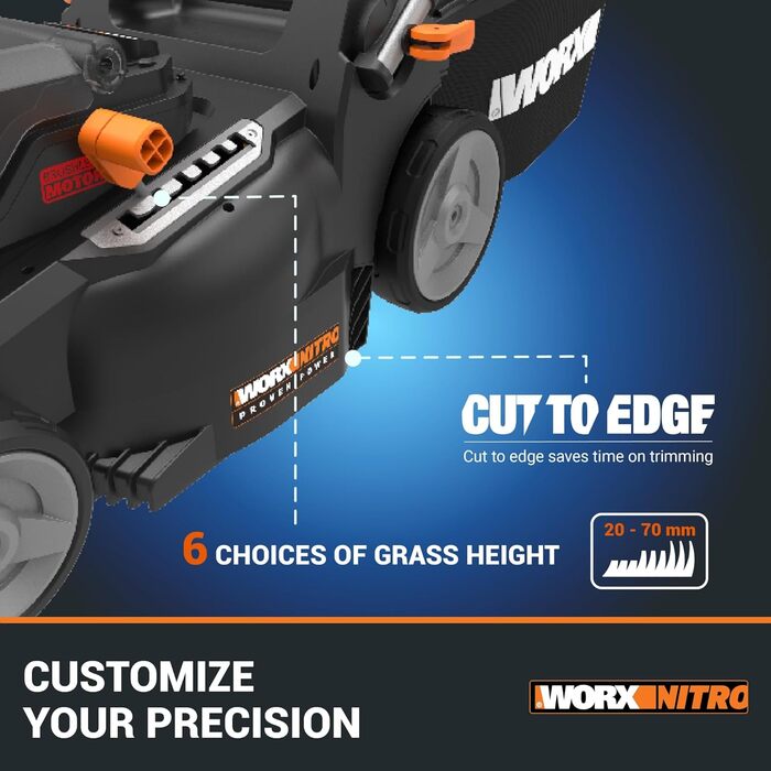 WORX WG749E акумуляторний газонокосарка 40V PowerShare з приводом на колеса, безщітковий двигун, ширина косіння 46 см, 7 положень висоти, з акумулятором та зарядним пристроєм, чорний (WG737E Nitro 40V 37 см)