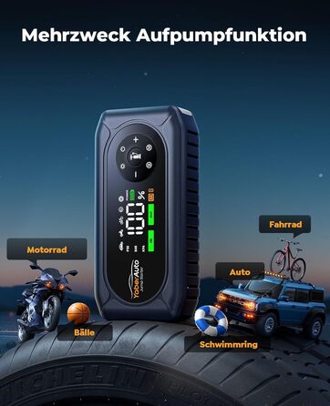 Powerbank для автомобіля YaberAuto AP02 з компресором, 150PSI, 4500A, LED ліхтар 500 люмен, LCD дисплей 3.3