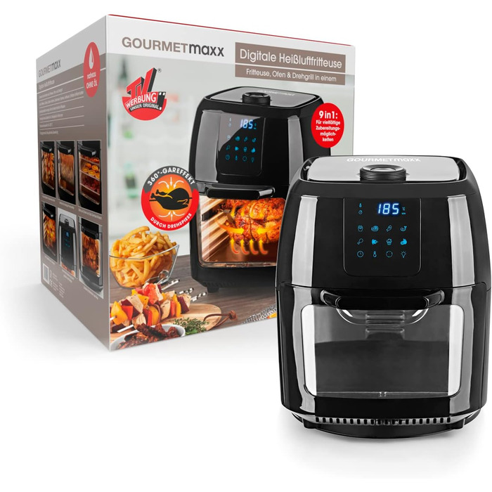 GOURMETmaxx цифрова аерофритюрниця XXL 9 л, 1800 Вт, чорна — електрична повітряна фритюрниця з таймером, сенсорним дисплеєм, 8 програмами, вертелом і шампурами для шашлику, для здорового та енергоощадного приготування