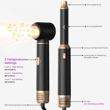 UMIGA Hairstyler 5-в-1: Фен-щітка, стайлер для волосся, випрямляч, плойка, насадки для укладки. Чорний колір