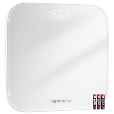 UNIWEIGH цифрова вага для тіла, високоточна до 180 кг, скляна платформа, LED-дисплей, Step-on, 3 одиниці виміру, батарейки в комплекті, біла