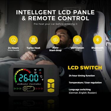 Дизельний обігрівач 8kW для вантажівок, фургонів, кемперів з Wi-Fi та адаптером, 12/24V/240V, автоматичний старт/стоп, вентиляція, чорна