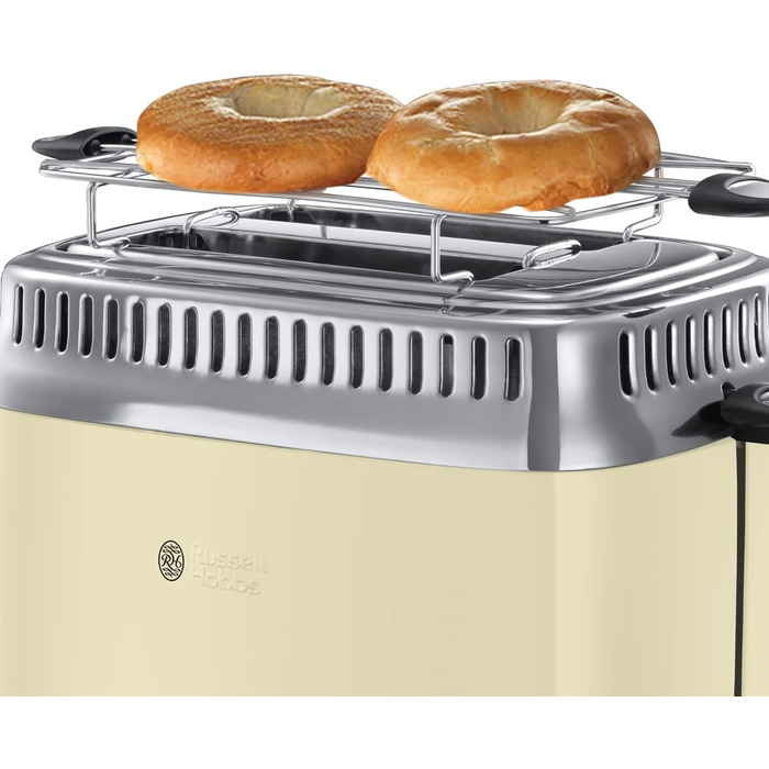 Тостер Russell Hobbs Retro 21680-56 нержавіюча сталь, 2 відділення, кремовий. З підставкою для булочок, 6 режимів, розморожування та підігрів, 1300 Вт