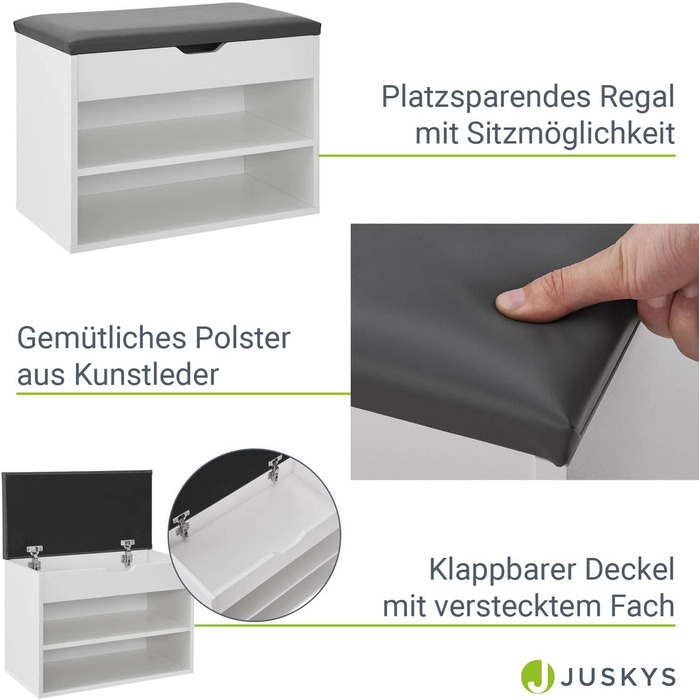 Лавка для взуття Juskys з відкидною кришкою, м'яким сидінням 60x30x44 см, вузька дерев'яна полиця для взуття з бетонною обробкою