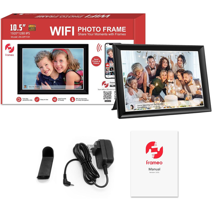 FRAMEO Цифрова фоторамка FRAMEO 11 дюймів, 64 ГБ, WiFi Smart, сенсорний екран FHD 1920 x 1280, IPS, автоматичне обертання, підтримка SD-карт на USB-накопичувачі, 2,4/5 ГГц, керування застосунком через Frameo