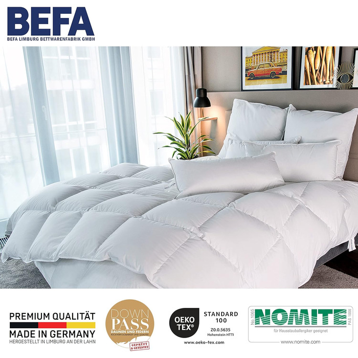 Зимова пухова ковдра BEFA NATUR 155x220 см, 60% пух, 40% перо, гіпоалергенна, сертифікат OEKO-TEX 100, Made in Germany
