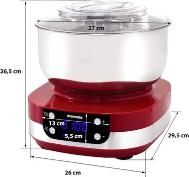 Кухонна машина Syntrox Germany Zaurak 5 л, 800 Вт, міксер і тістоміс, 5 швидкостей, нержавійка, червона