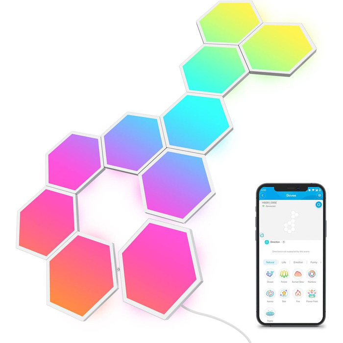 Світлодіодна панель Govee Glide Hexagon RGBIC 10 шт, розумне підсвічування для стін, Wi-Fi, музична синхронізація, сумісна з Alexa та Google Assistant, декоративне освітлення для геймінгу та кімнати